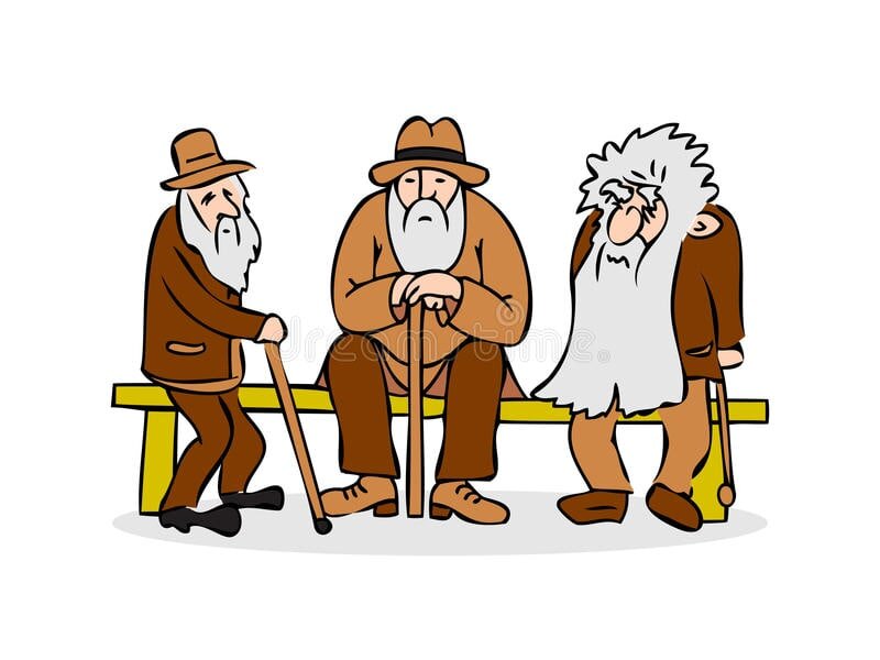Есть три деда. Дедушка на скамейке. Два старика на скамейке. Мультяшный старичок. Три Деда на скамейке.