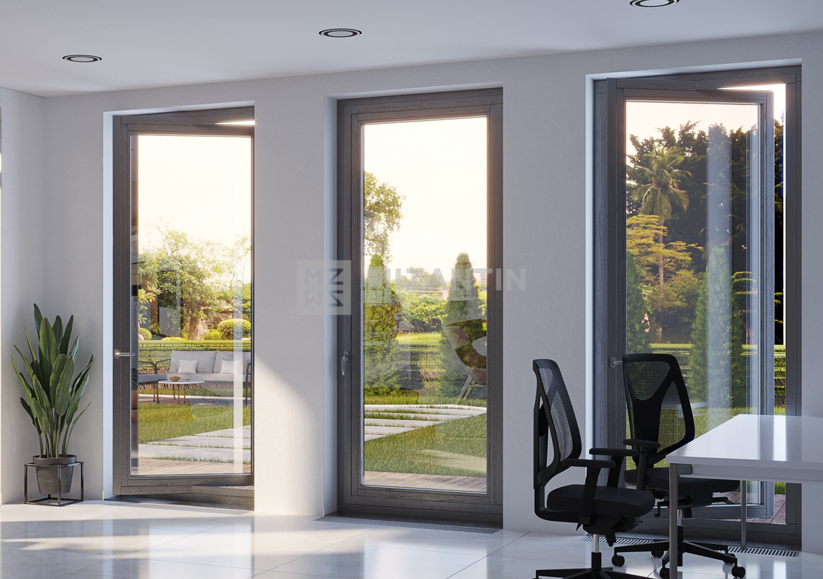 Панорамные деревенные окна MIZANTIN с центральноподвесной системой открывания