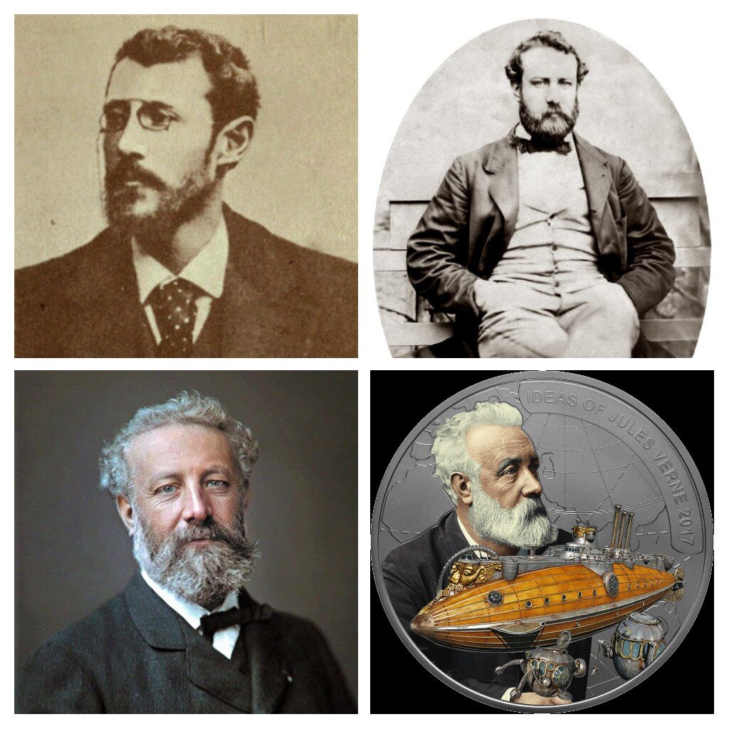 Фотографии писателя Жюль Верна и его сына Мишеля Верна (крайнее фото в первом ряду коллажа, снимки для которого взяты из открытых источников в интернете) 