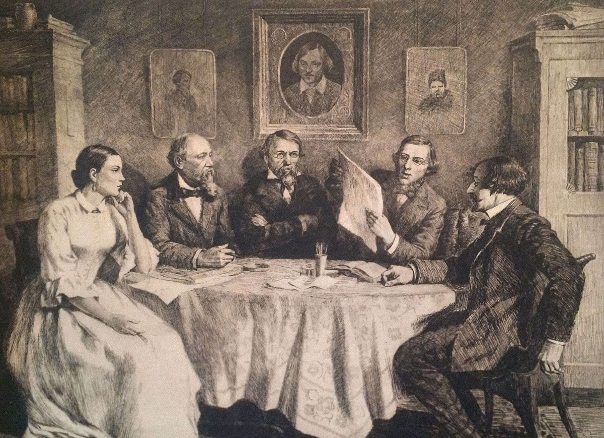 В редакции «Современника». Слева направо: А. Панаева, Н. Некрасов, Н. Чернышевский, Н. Добролюбов, И. Панаев. Рисунок Олега Дмитриева, 1946 г.