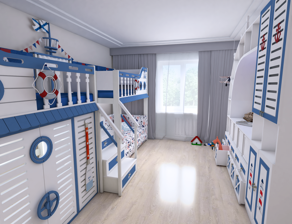 комната прямоугольной формы, вся мебель расположена вдоль стен, чтобы сохранить пространство для шалости