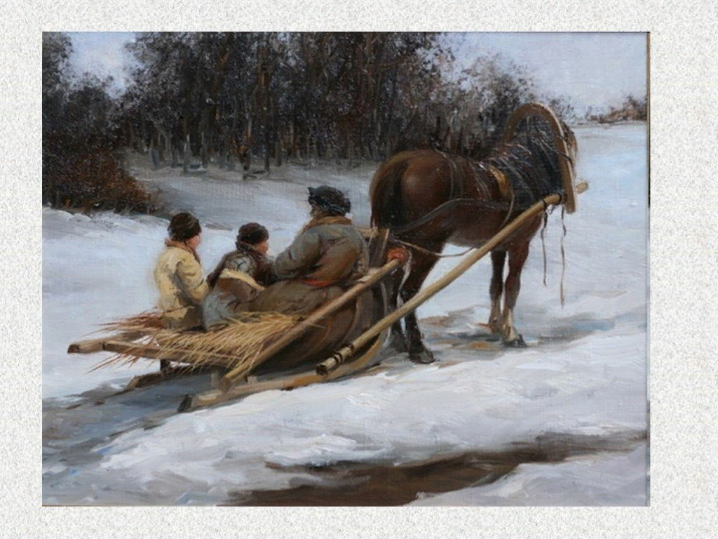 Картина на санях везут женщину