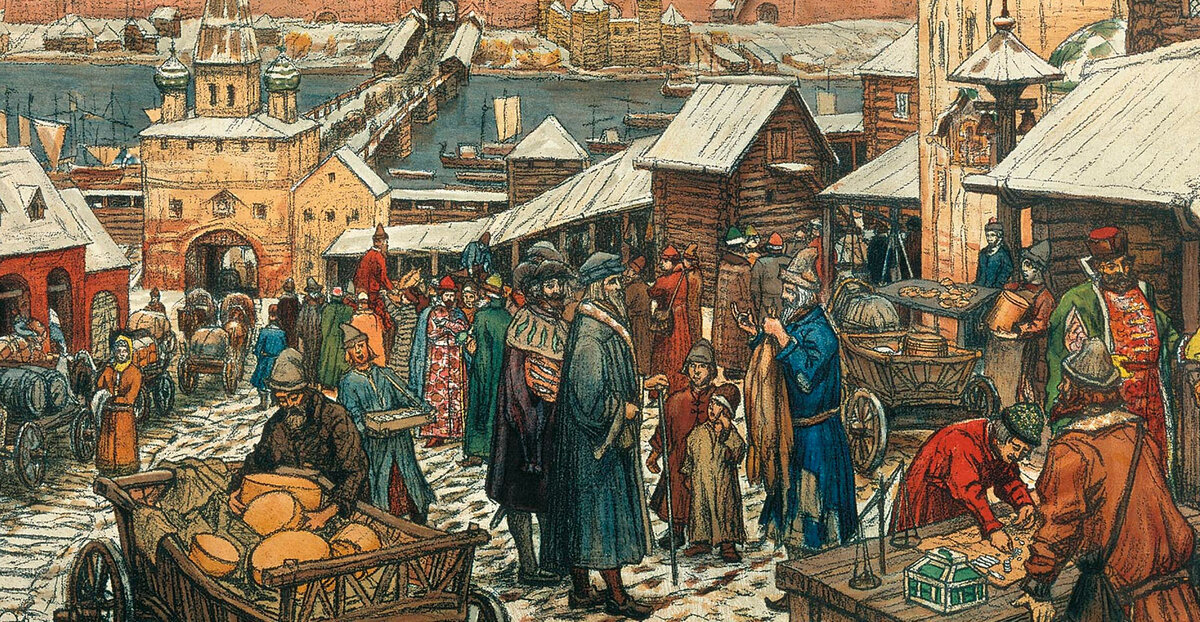А.М. Васнецов. Новгородский торг. Среди всей композиции, антуража и всех людей, отличается несколько человек находящиеся посередине картины, по всей видимости, это иностранные гости, которые прибыли из Германии. Тут видны и знатные купцы и бояре.