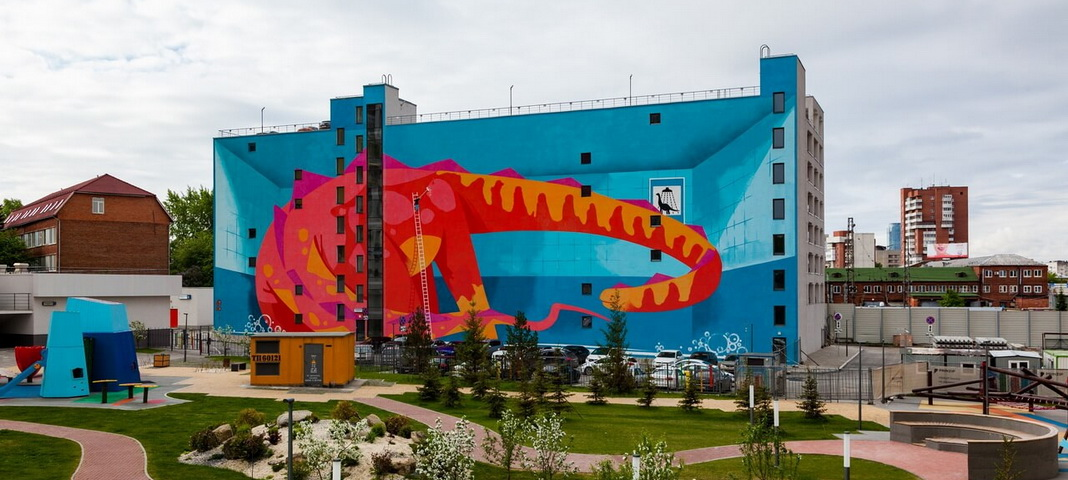 "Динозавромойка" - работа, выполненная в рамках фестиваля "STENOGRAFFIA" по эскизу Таисии Спириной
