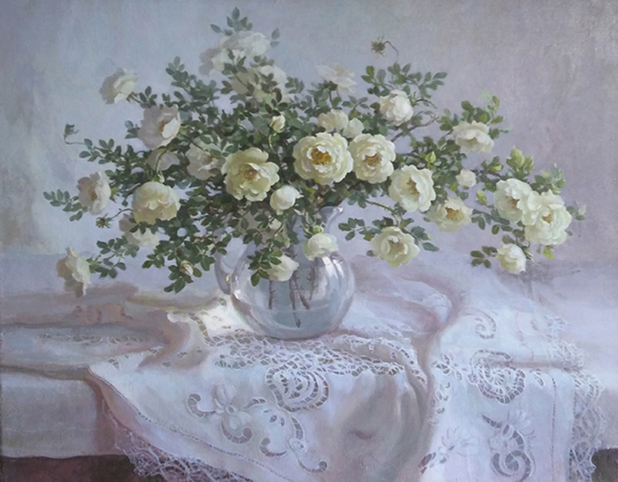 Белый шиповник и кружева. 2015. Холст, масло. 60х75 см. Частное собрание. Москва