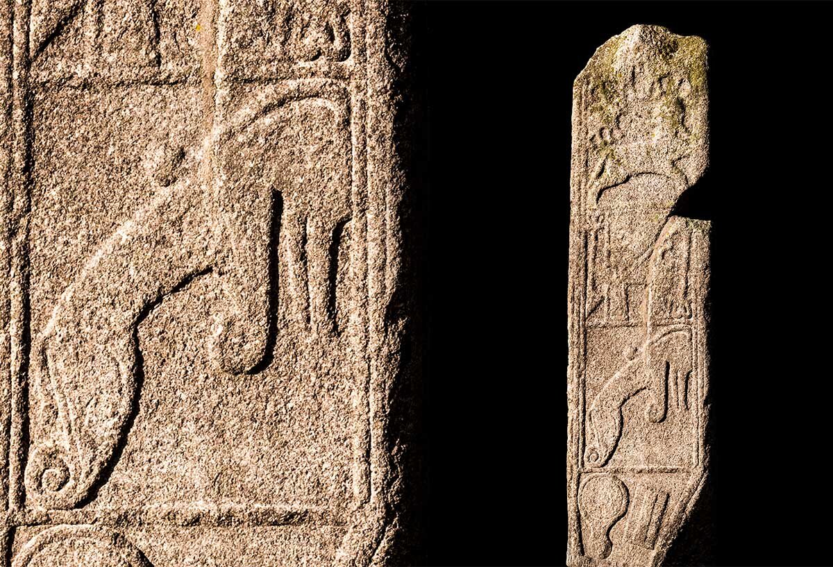 Пиктский 'Девичий камень'. Демонстрация гребня, зеркала, пиктских зверей и маркировки Z-образного стержня