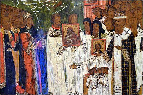 Константинопольский Патриарх Лука Хризоверх преподносит князю Юрию Долгорукому икону Божией Матери