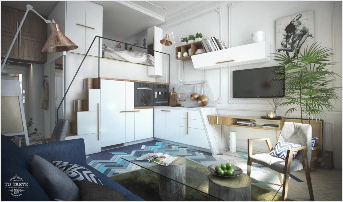 Квартира-студия в «старом фонде». Высота потолков позволяет. Под спальным местом оборудована ванная.