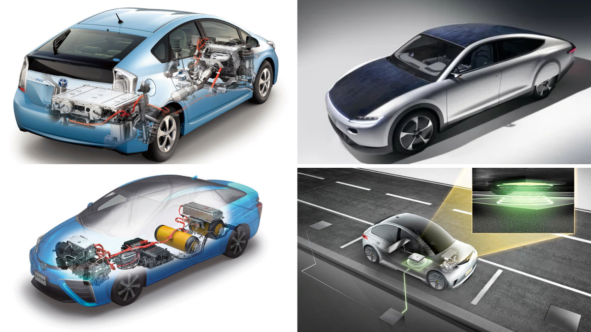 Гибрид Toyota Prius, водородный автомобиль Toyota Mirai, солнцемобиль Lightyear One и "умная" дорога с возможностью беспроводной зарядки
