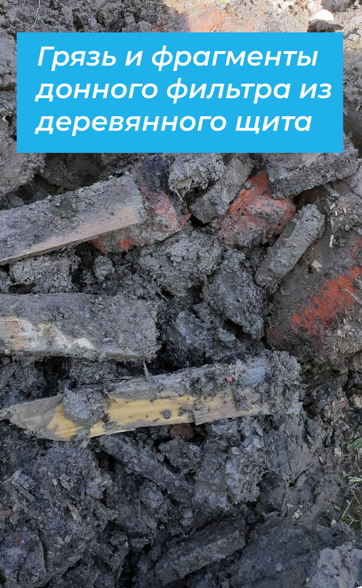 Грязь и фрагменты донного фильтра из деревянного щита
