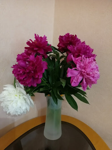 Прекрасны пионы в вазе.