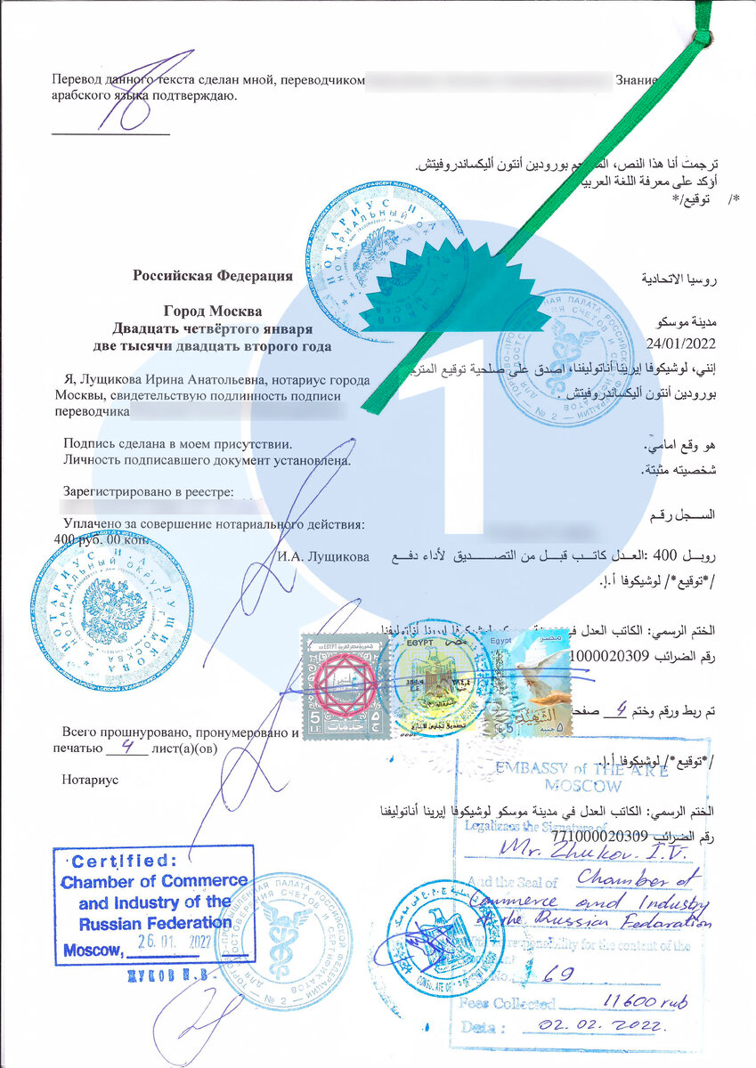Полностью заверенный коммерческий документ, на котором стоит печать ТПП и марки с печатью Посольства Египта