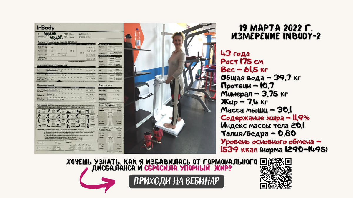 Процент жира 11,9 - достигла без диет и ограничений в питании. Ем ооочень много, делюсь вкусными сбалансированными ЗОЖ рецептами на канале 