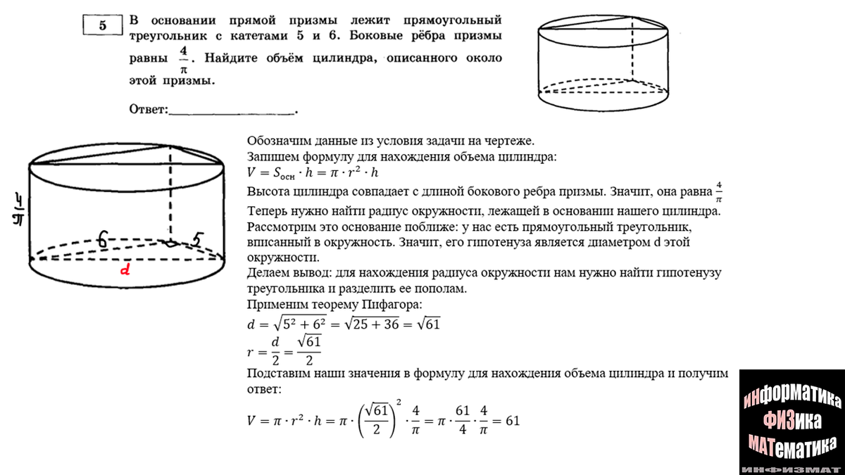 Задачи с цилиндрами в №5 ЕГЭ математика профильный уровень. Подробный  разбор + задачи для тренировки | In ФИЗМАТ | Дзен