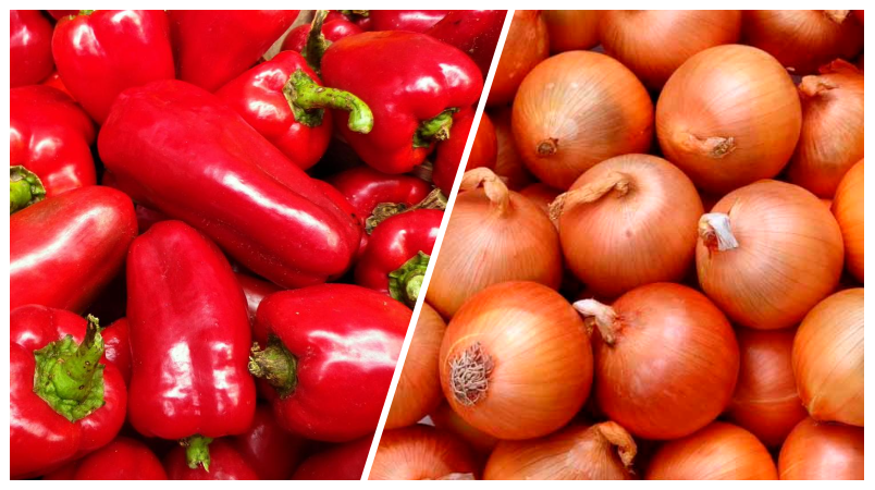 Болгарский перец и репчатый лук.  