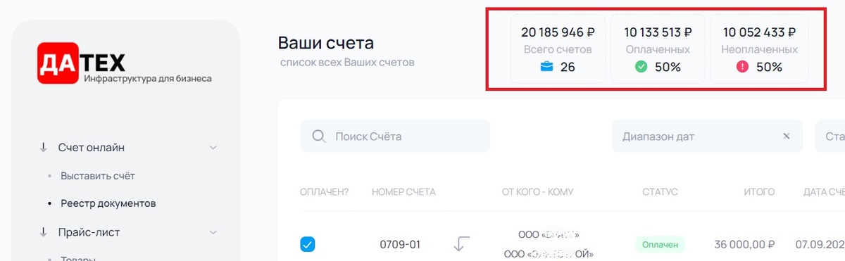 Статистика оплаченных счетов