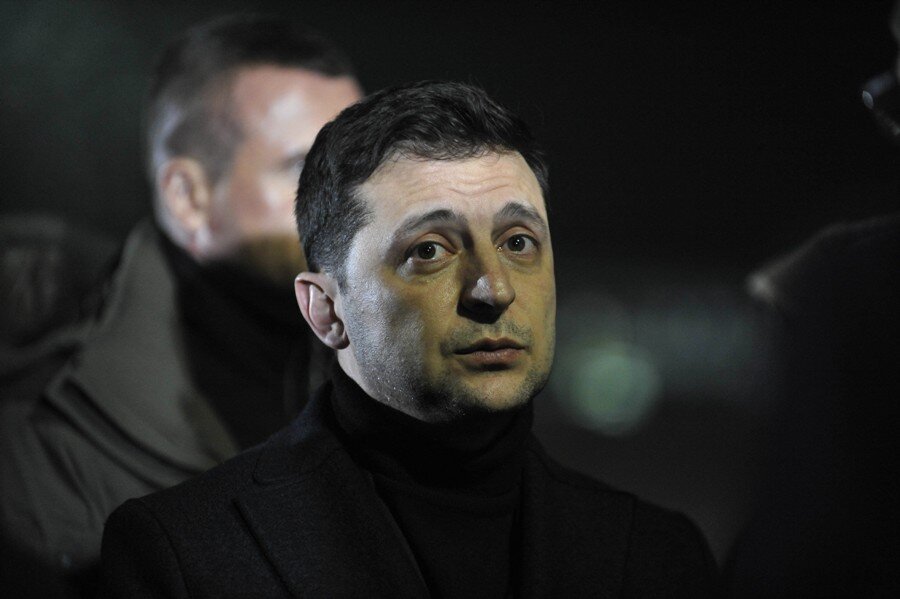    Ukraine President Volodymyr Zelensky attends a ceremony welcoming of the Ukrainians who were freed by pro-Russian rebels during a prisoner exchange at the Boryspil airport near Kiev..On December 29, Ukrainian prisoners were released during a prisoner swap between Ukraine and Russia-backed separatists. 76 people were returned to Ukraine, 127 were transferred to Russia-backed separatists. On 9 December 2019 during the Normandy leaders meeting the presidents of Ukraine and Russia agreed exchange of prisoners between Ukraine and pro-Russian separatists in eastern Ukraine. kievb