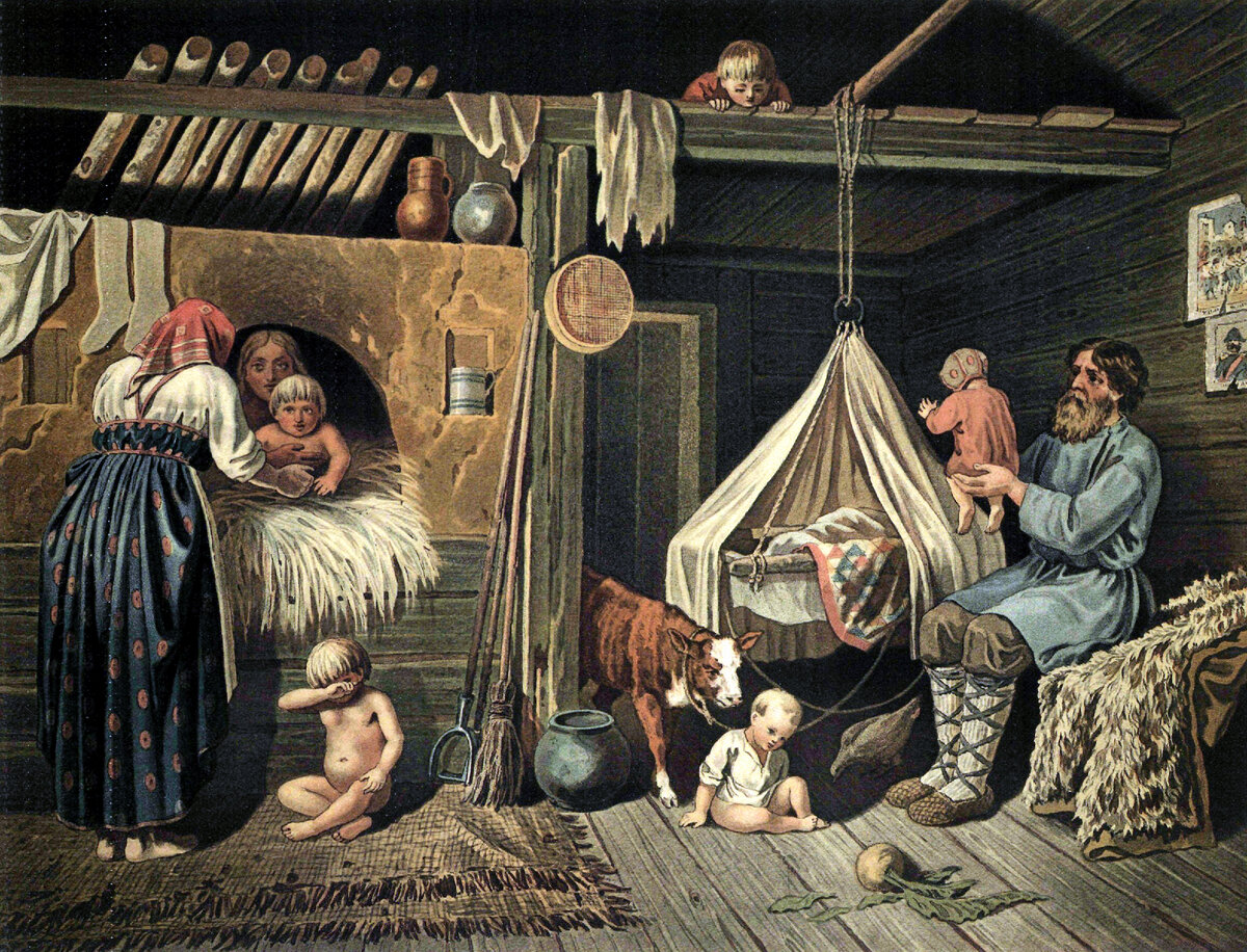 Егор Покровский «Крестьянские дети зимой в избе», 1884 год 