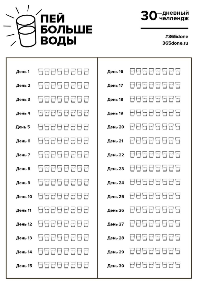 Чек-лист "30-дневный челлендж Пей больше воды"