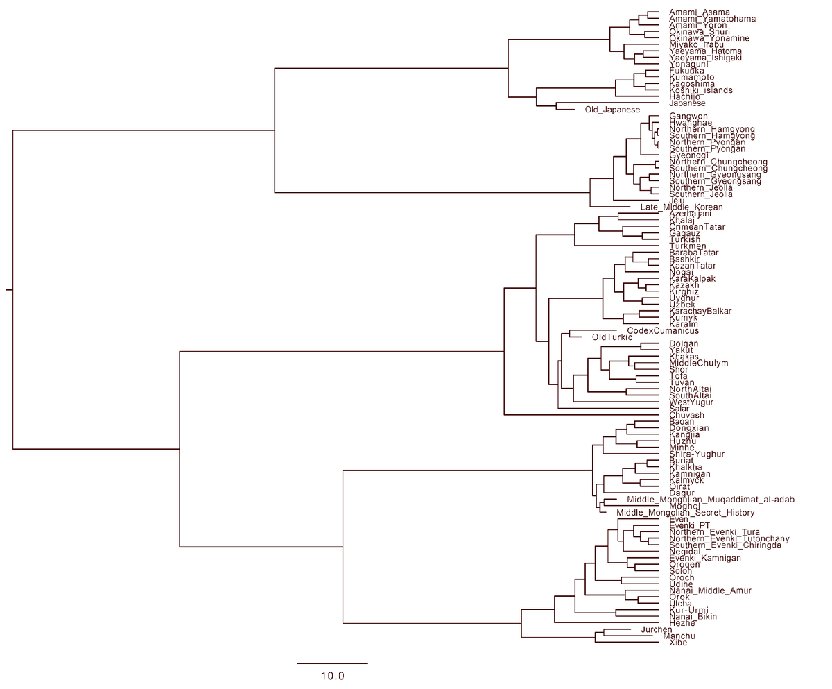 Так называемая алтайская гипотеза в узкой версии предполагает общее происхождение для тюркских, монгольских и тунгусо-маньчжурских языков, а в широкой версии к ним добавляют корейский и японский языки.-3