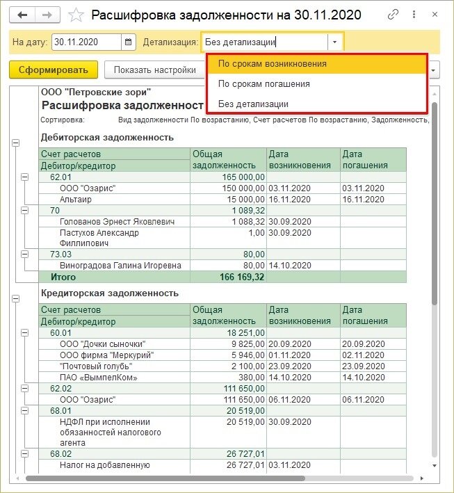 Расшифровка задолженности в 1с