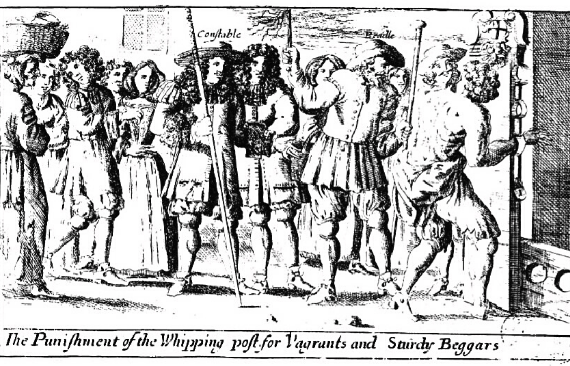 Наказание плетьми у столба бродяг и "стойких" попрошаек (sturdy beggars).