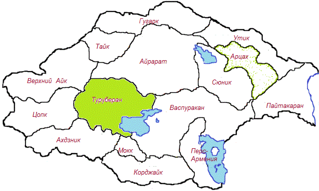 На карте Великой Армении, выделен (зелёным цветом) штат Туруберан.                  Площадь 25008 км²