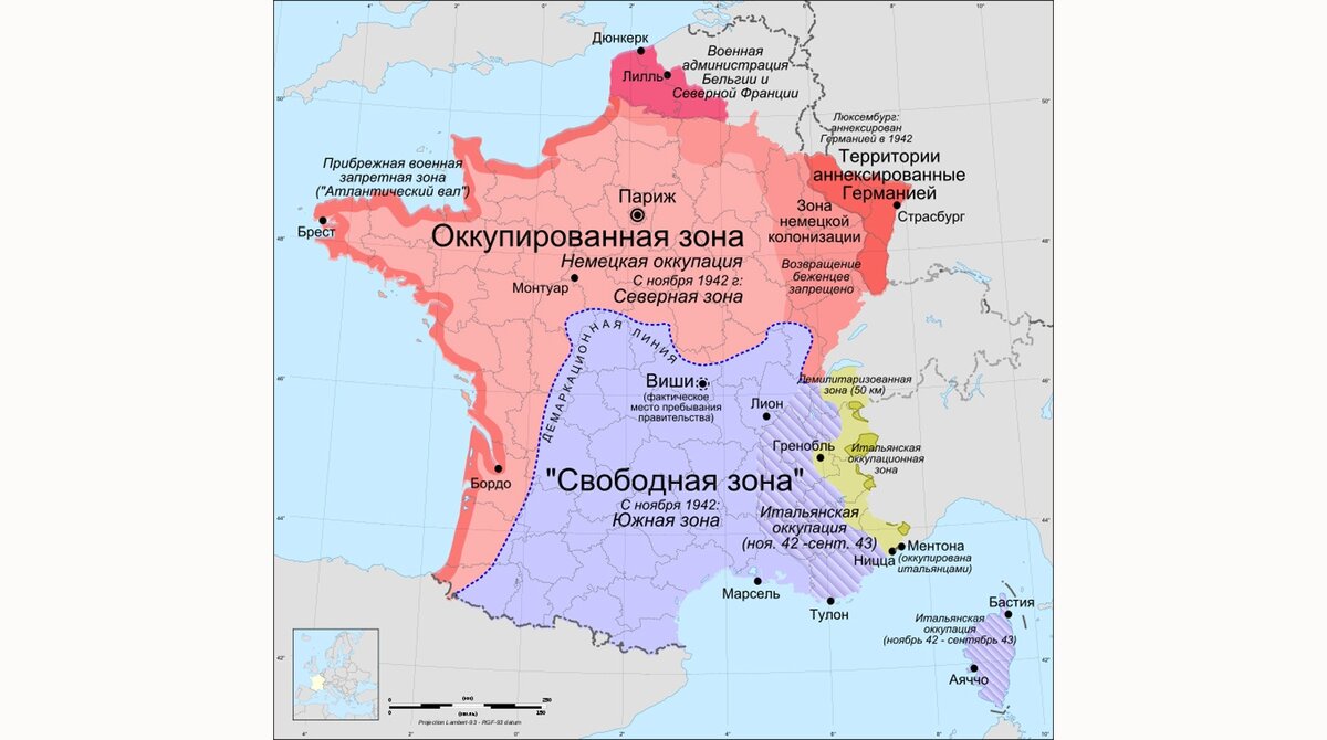 Карта оккупации Франции, темно-красным цветом обозначена область   Эльзаса и Лотарингии (в районе города Страсбург)