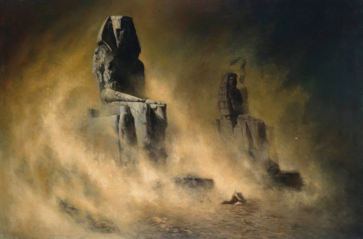 "Колоссы Мемнона". Если Вы читали Лавкрафта, то наверняка помните его пугающие описания громоздких монументов, мрачных подземных городов, и громадных загадочных статуй. "Колоссы" Дифенбаха как нельзя лучше изображают жуткие фантазии автора. 