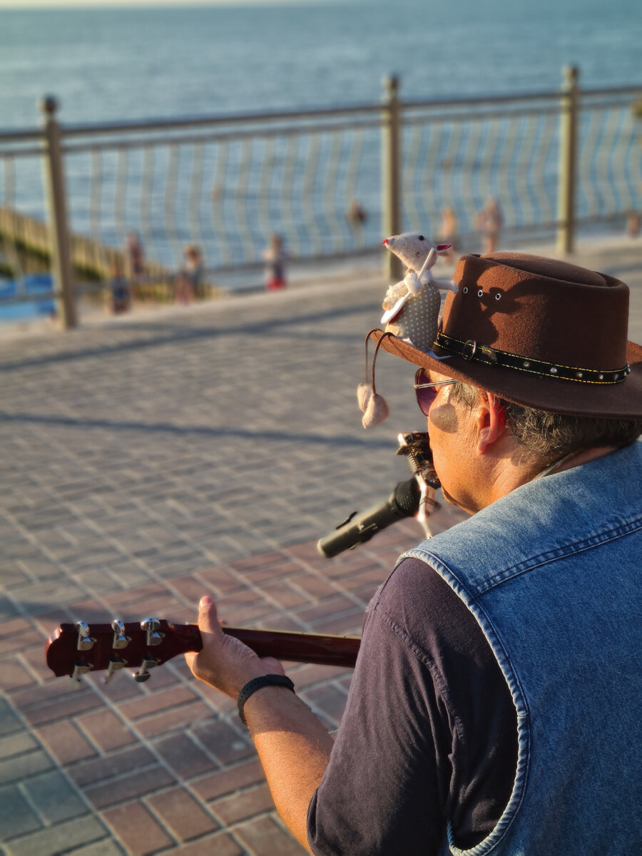 Прикольный дядечка с прикольной мышкой на пляже