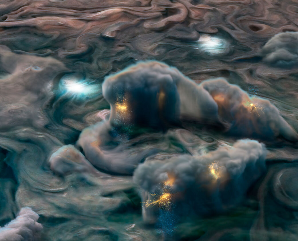 Фото: NASA / Яркие вспышки в верхних слоях атмосферы Юпитера. Иллюстрация создана на основе данных зонда Юноны, который зафиксировал молнии в 2016 году
