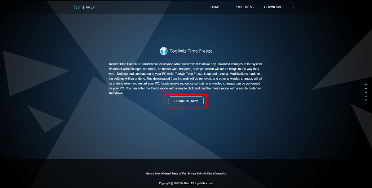 Кнопка для закачки установочного файла программы Toolwiz Time Freeze с официального сайта