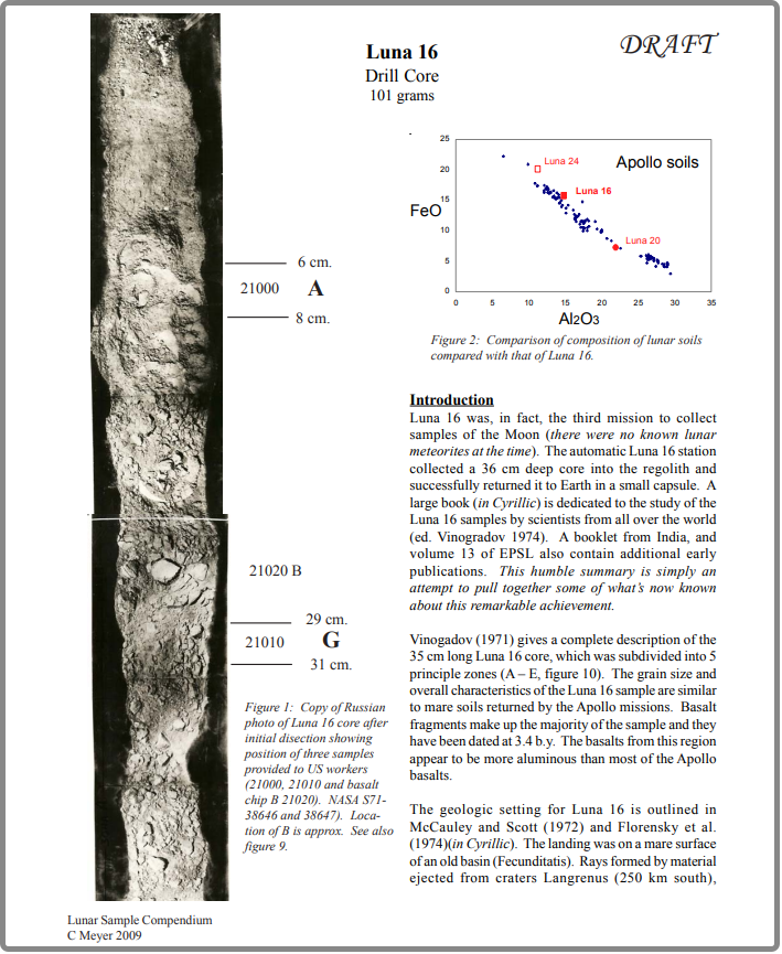 Первая страница 15 страничной описания образцов лунной породы, привезенной АМС Луна-16. Составлена Чарльзом Мейером в 2009 году. И библиография: 74 публикации