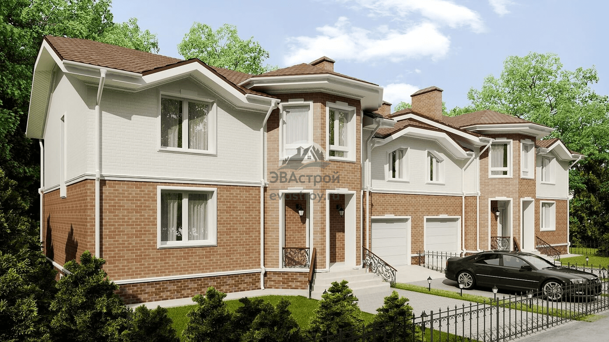 Проект двухэтажного дуплекса из кирпича с мансардой, гаражом и балконом - V10-73