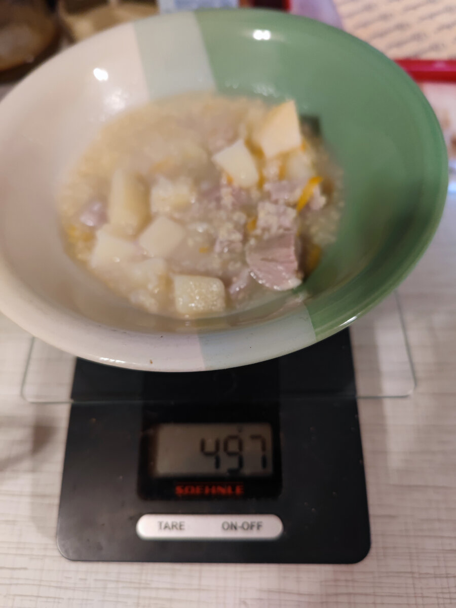 суп с кусочками мяса. Вес вместе с тарелкой