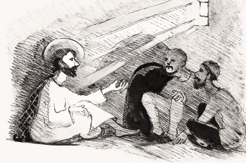 Ефрем Сирин и узники. Рисунок Елены Поповской, foma.ru