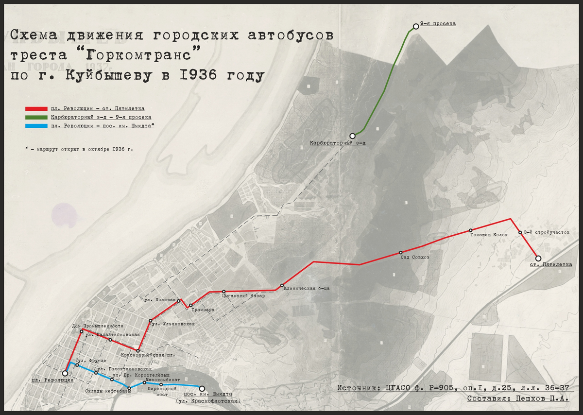 Схема автобусных маршрутов, работавших в 1936 г. в г. Куйбышеве.