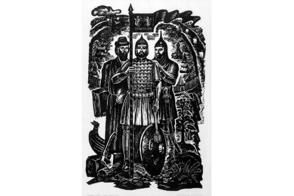 "Основатели Тюмени — Сукин, Мясной и Чулков", линогравюра. Автор: Визель А.Г. Фото © nurmuseum.ru