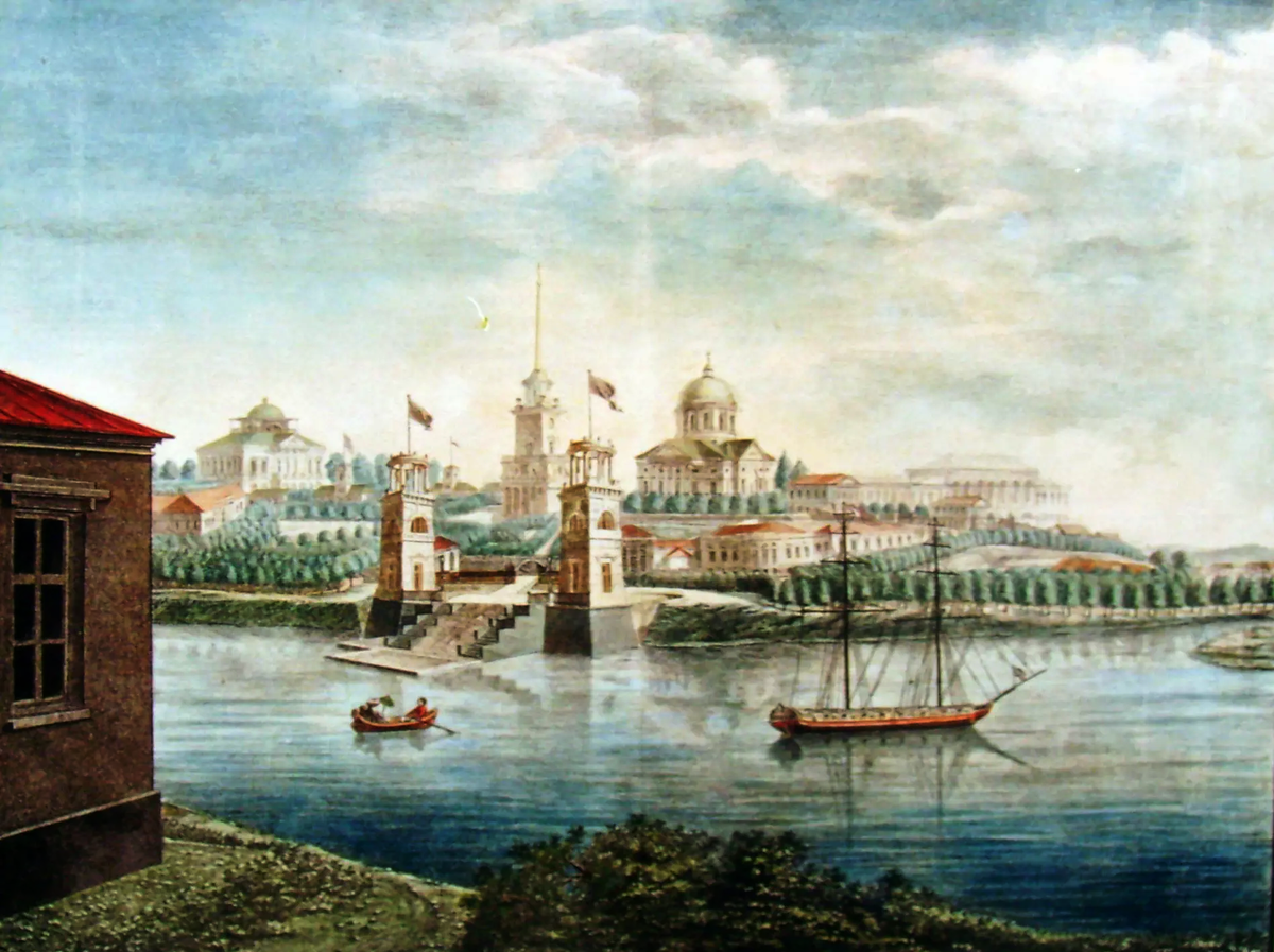 Миниатюра из «Виды села Грузина». Общий вид Села Грузина с приезда от Санкт-Петербурга 1822 г. Рисовал на камне Г... Каношенкин