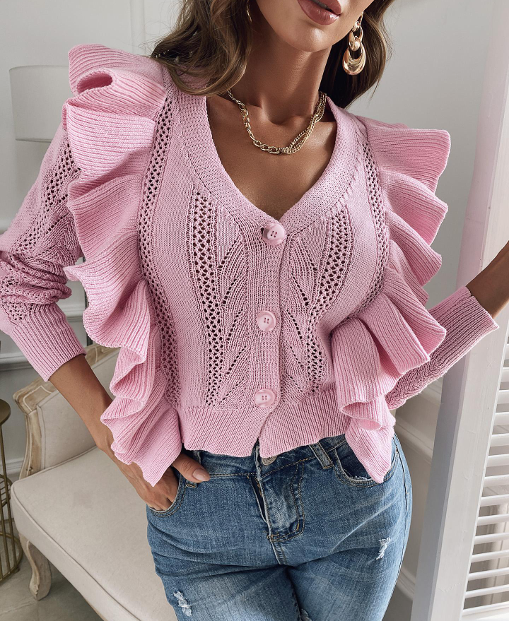 Розовый ажурный жакет с воланами
