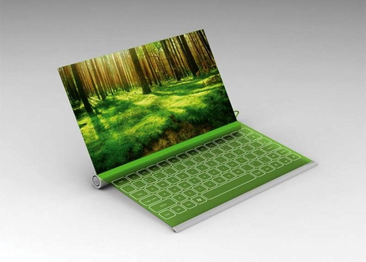 Пожалуй, на сегодняшний день Plantbook можно назвать самым необыкновенным концептом ноутбука.

Его авторами являются – корейцы Hyerim Kim и Seunggi Baek. Своим воображением они буквально поразили весь мир технологий!

У ноутбука Plantbook гибкий дисплей, сенсорная клавиатура, и… он сворачивается в трубочку! Также для его зарядки можно не просто использовать обыкновенную солнечную энергию, но и воду! Невероятно то, что при этом гаджет вдобавок вырабатывает кислород! Чтобы все понять владельцу ноутбука, была создана специальная петелька в виде листика, которая отображает уровень заряда батареи.

Разработка уже заинтересовала многих инвесторов, так как это первая многообещающая функциональная технология, которая, в первую очередь, не только модная и актуальная, но и максимально рассчитана на заботу о природе и ее экологии.