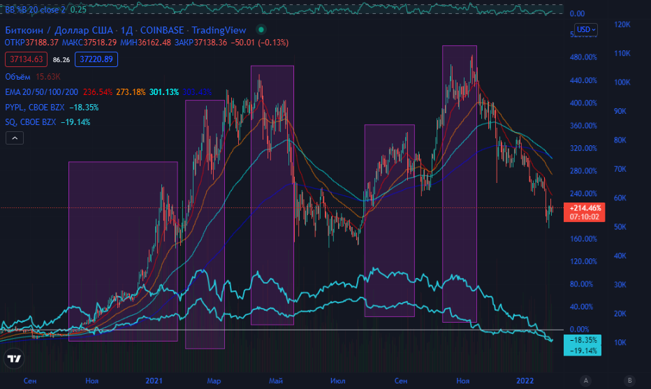BTC/PYPL/SQ. Источник: Tradingview