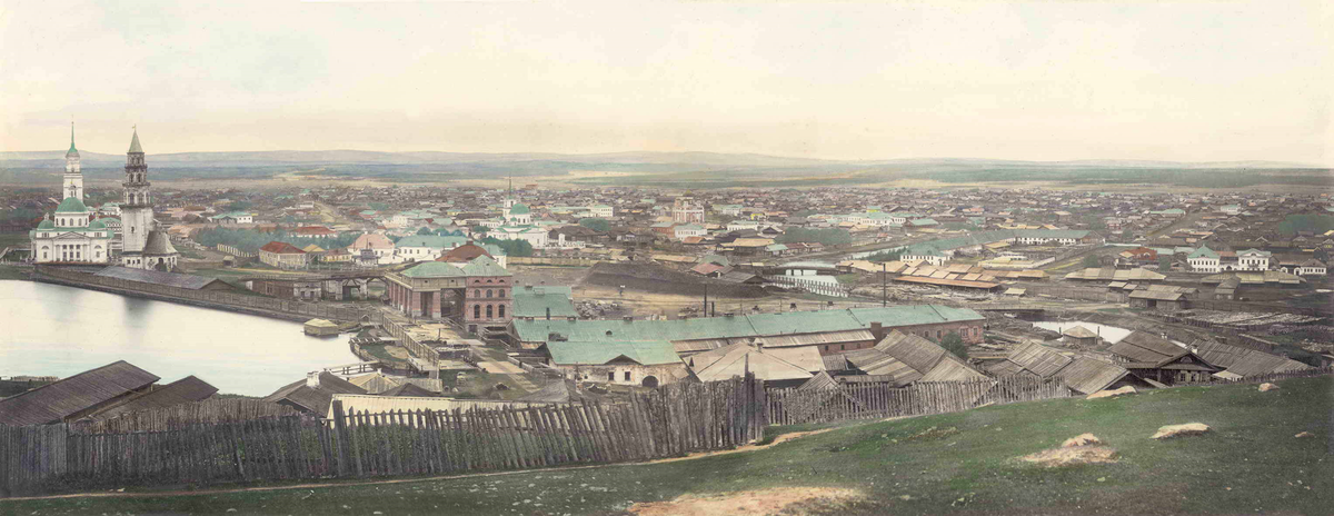 Панорама Невьянского заводского посёлка (раскрашенное фото, 1879г.)
