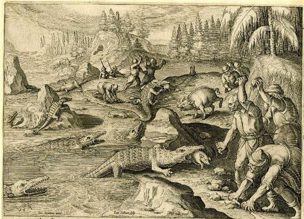 .Крестьяне села Безродное отбиваются от крокодилов, напавших на скот. Иллюстрация из книги 1768 года Слои земли.-2