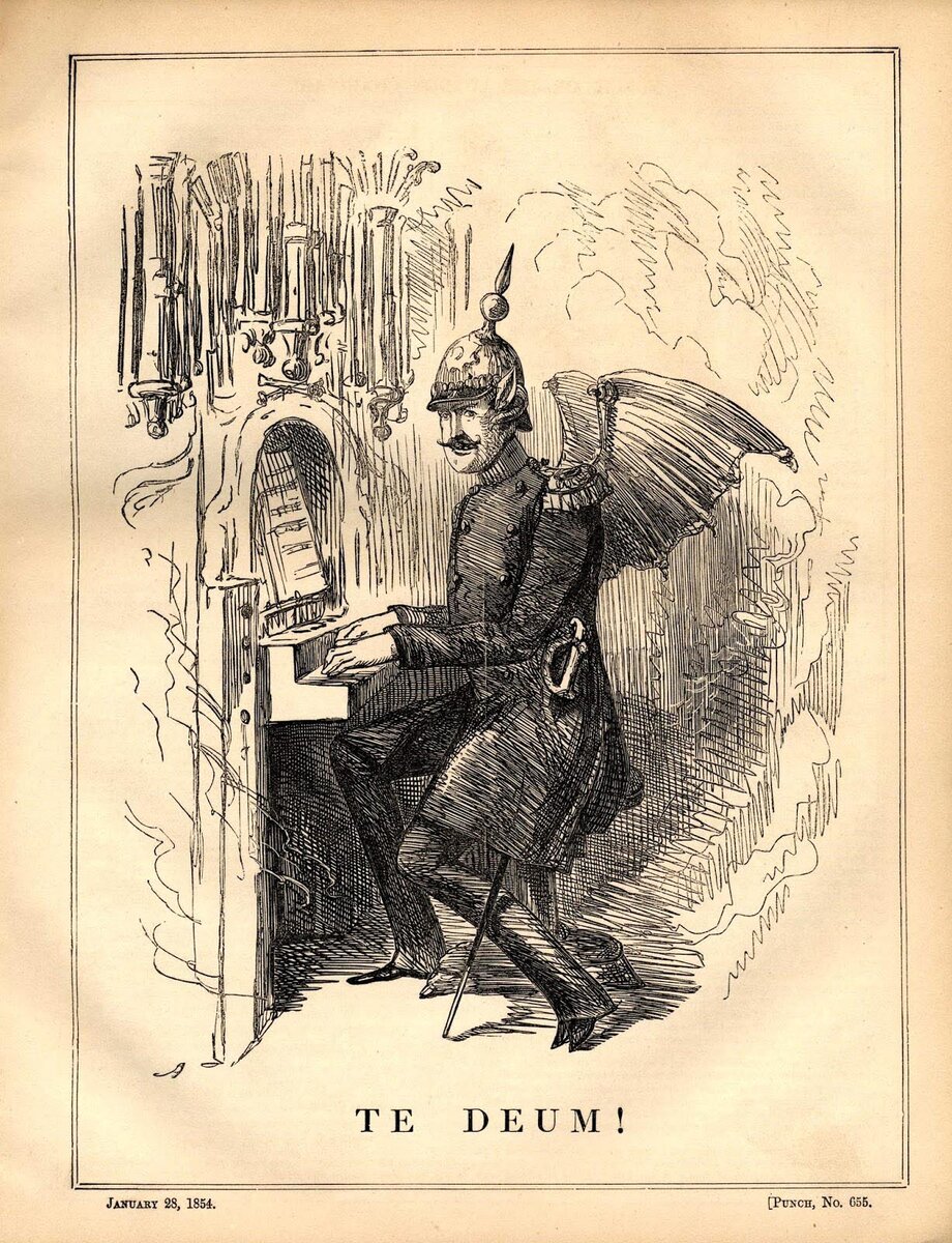 Карикатура на Николая Первого 1854 года. "Те Deum !" (От "Те Deum laudamus (Тебе Бога хвалим). Песнь "Тебе Бога хвалим", столь часто употребляемая при торжественных богослужениях в Церкви Русской, не есть оригинальное произведение русского или греческого гимнотворчества, но перевод гимна "Те Deum laudamus", принадлежащего Церкви Западной. Источник - brandeis.edu