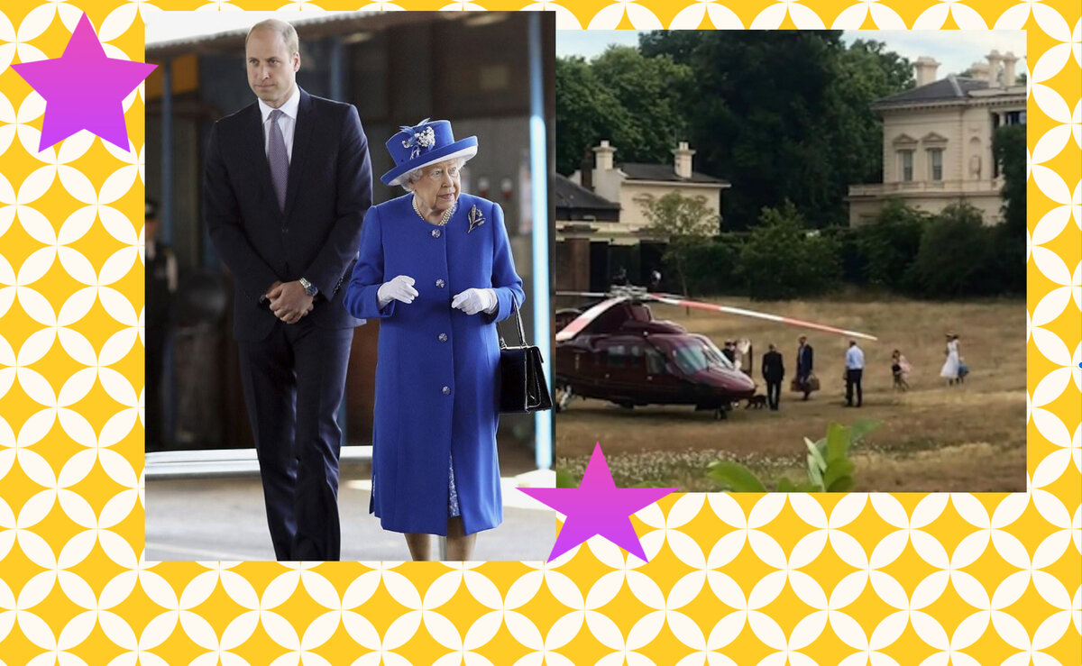 королева не раз просила внука Уильяма отказаться  от полетов на вертолете;справа - вчерашний отлет из Кенсингтона Кембриджских