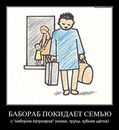 ЗАНАЧКА - скромный бюджет бабораба, нажитый хитрыми финансовыми махинациями втайне от жены.

ГАРАЖ - единственное место, где бабораб может высказывать свое мнение под бутылку дешевой водки по акции, купленной на заначку.

ЖЕНА - женщина, требования которой возрастают пропорционально нажитому целлюлиту. Забирает всю зарплату. Всегда говорит что мало. Просит найти вторую (а иногда и третью) работу.

ТЕЩА - та же жена, только толще, страшнее, старее и опытнее в вопросах того, как максимально эффективно использовать бабораба в достижении различных целей.

ЗАГС - место, где баборабу ставят в паспорт соответствующее клеймо, что отныне он бабораб, снабженец и ходячий банкомат.

АЛИМЕНТЫ - ежемесячные отчисления из зарплаты на детей, записанных автоматически в браке на бабораба, но похожих нередко на соседа.

ДАЧА - место трудовой повинности в выходные от основной работы дни. В данное понятие входит обширный комплекс работ - от копания огорода под картошку до покраски теще сарая.

ВОДКА - волшебный эликсир, позволяющий баборабам собраться вместе в гараже и пару часов поуважать друг друга.

ПЕНСИЯ - мифическая надежда бабораба на обретение свободы в далеком будущем, которое обещает когда-то наступить, но в большинстве случаев смерть наступает раньше.

ДОЛЖЕН - слово, которое бабораб слышит чаще всего в своей жизни. Одна среднестатистическая женщина произносит это слово в адрес мужчин примерно 20 000 раз в своей жизни.

НАСТОЯЩИЙ МУЖЧИНА - альтернативное название бабораба, которое применяется в целях толерантности по отношению к мужчинам и с целью сокрытия истинных мотивов и эксплуатационного подхода к мужской жизни женщинами.

ЗУБНАЯ ЩЕТКА - неотчуждаемое в случае развода имущество, которое бабораб может забрать с собой, освободив по решению суда заработанную им же квартиру.

ТЕПЛОТРАССА - место окончательной регистрации бабораба.Mens - канал для разумных мужчин.