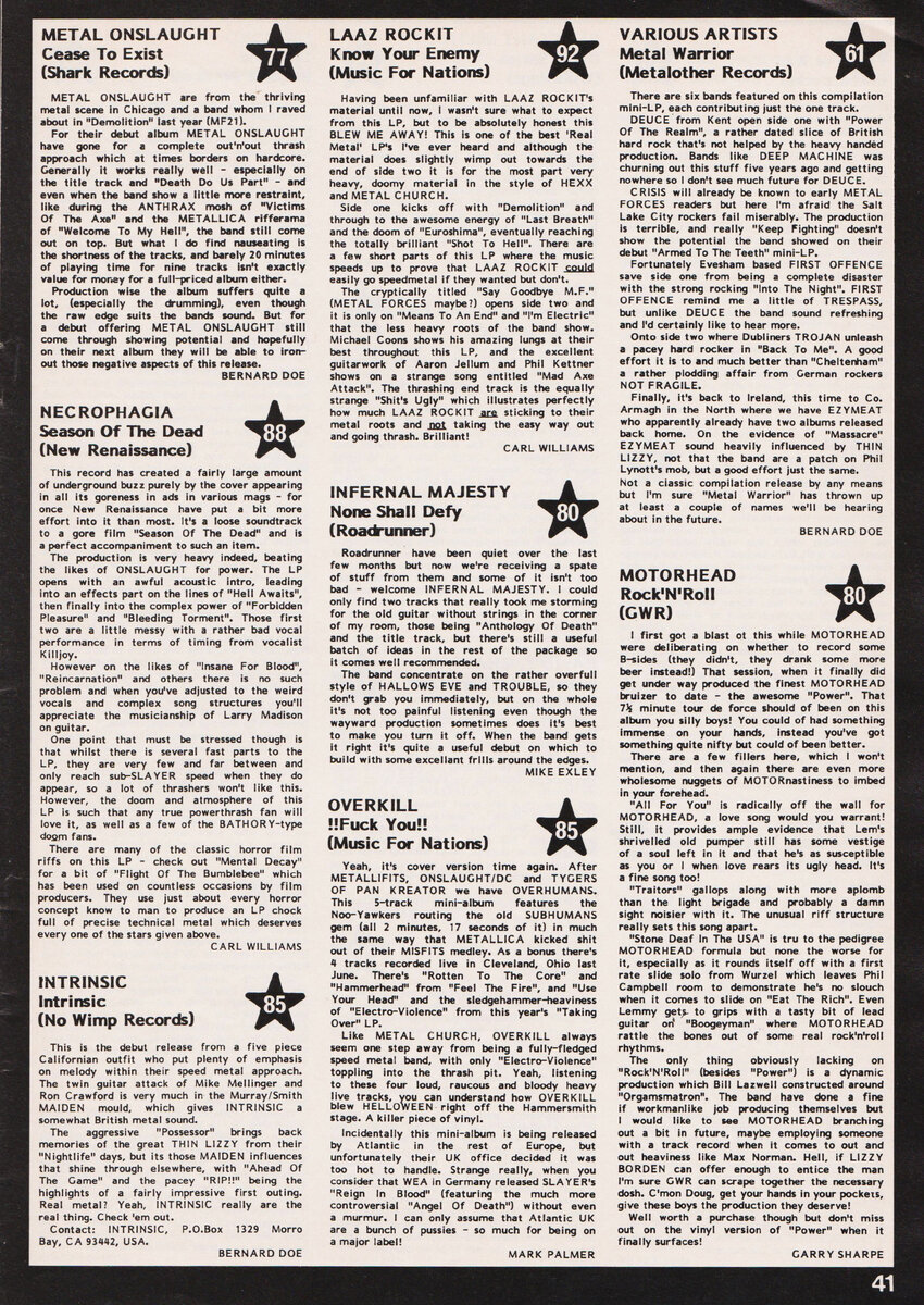 Страница из журнала Metal Forces с рецензией на альбом "None Shall Defy"
