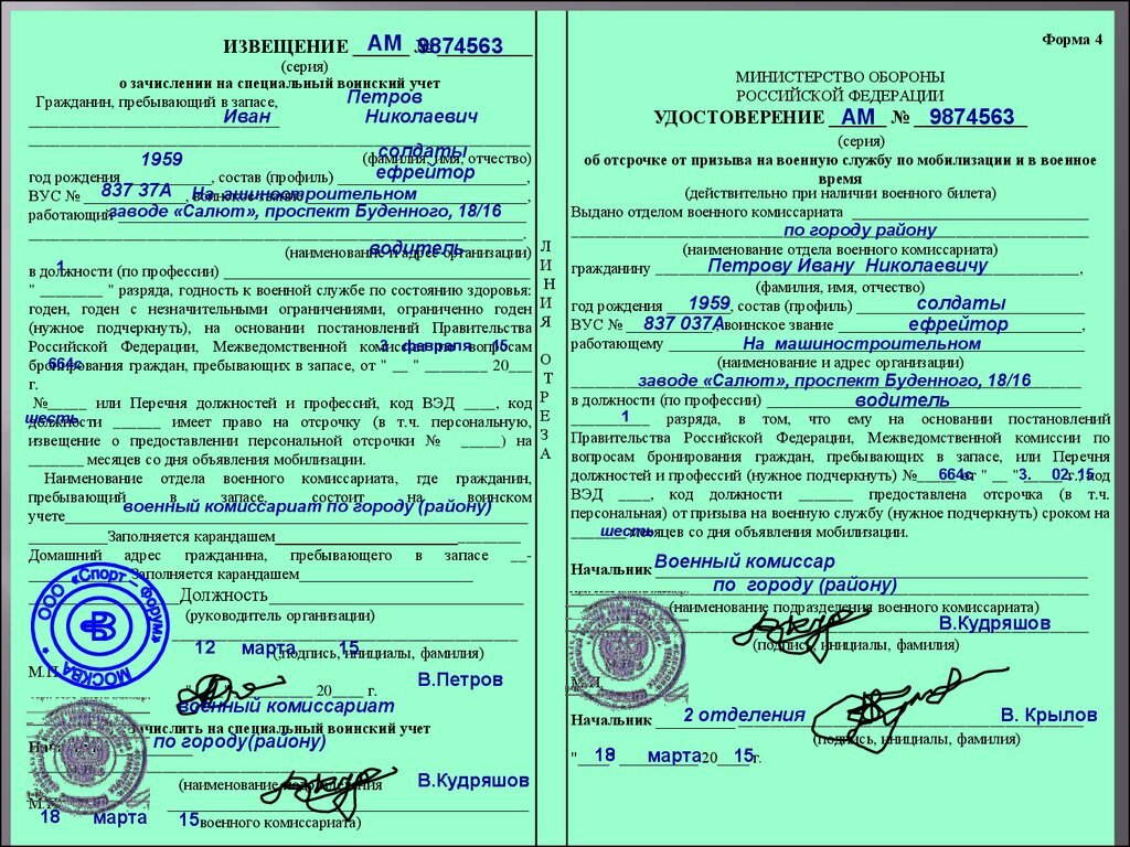 Формы и образцы заполнения документов со сведениями о гпз представляемые в военный комиссариат