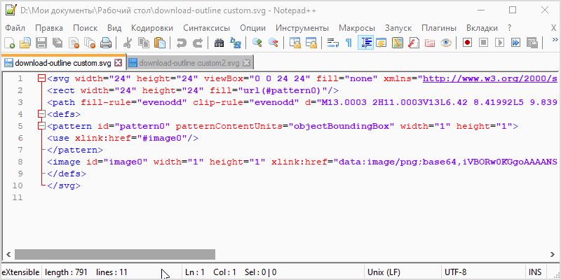 Сравнение кода двух svg иконок. Иконка которая была экспортирована с включенным чекбоксом "Show in exports" весит в 2 раза больше и имеет код гораздо длиннее.